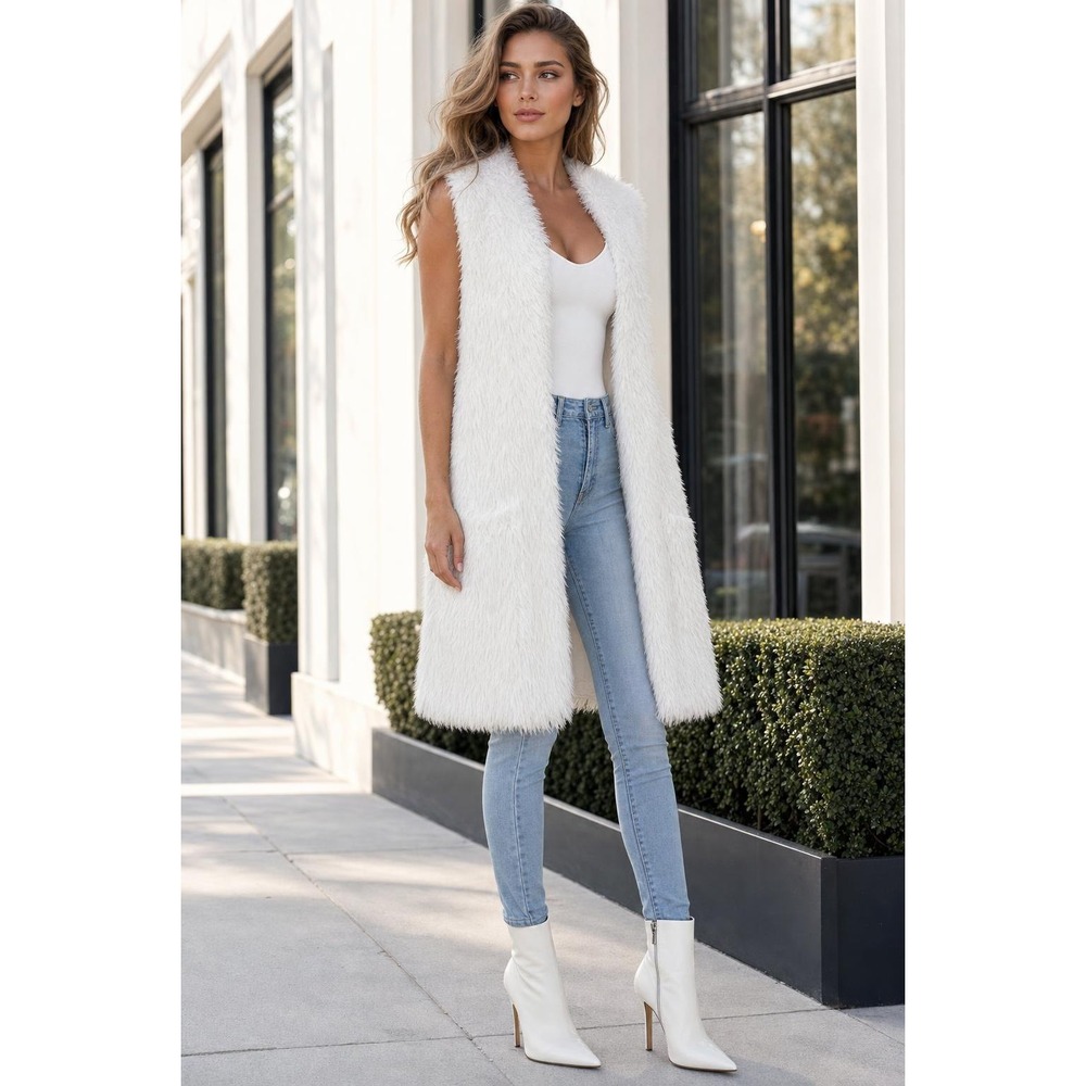 Ashley 26 International Faux Fur Duster Vest Women's L White Longline Mob Wife